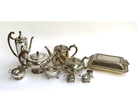 A mixed lot of plated wares to include a three piece tea set comprising teapot, coffee pot and milk jug; entre dish; a pair o