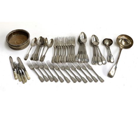A plated fiddle and thread part service, comprising table forks (10), table spoons (10), dessert forks (12), dessert spoons (