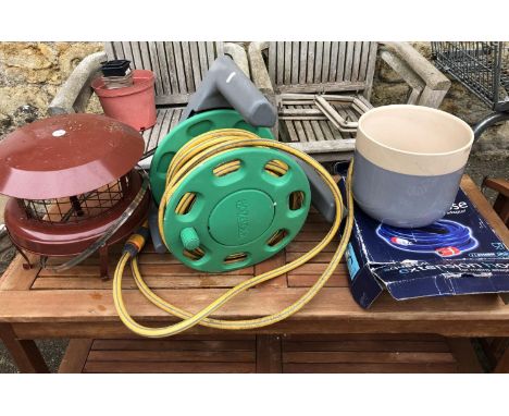 An aquaroll extension hose, together with a hoselock hose and fittings, a high top bird guard and a ceramic planter 