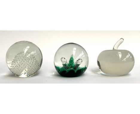Three glass paperweights, one by Holmegaard, 7.5cmH, signed to base and dated 1960; one Caithness 'Moonflower' and one other 