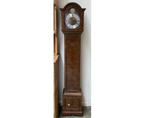 A Elliot of London burr walnut cased grandmother clock, the dial marked Mappin &amp; Webb, with eight day level Westminster a