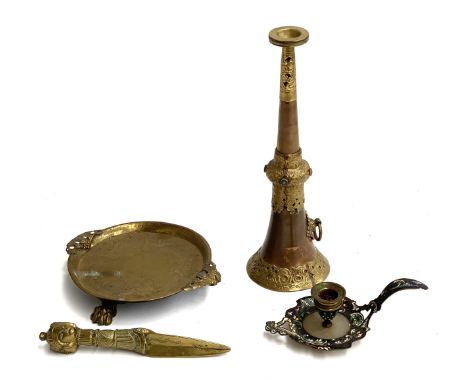 A brass ceremonial dagger, the hilt with a three faced terminal, a cloisonne enamel candlestick, copper and brass horn etc 