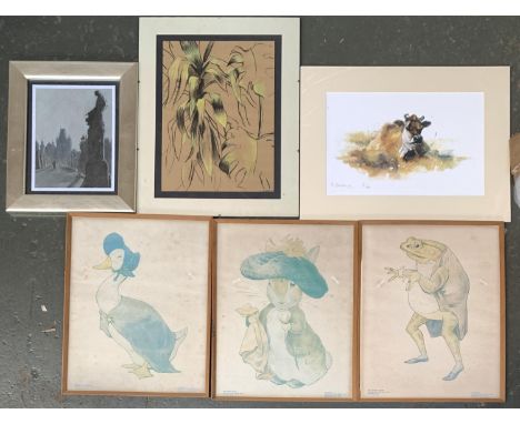 Three Beatrix Potter nursery prints, 43x34cm; together with a print of  Jersey Cow, signed in pencil R. Blackmore 2/100; and 