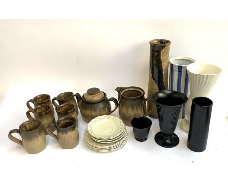 A mixed lot of ceramics to include Denby stoneware cups, teapot, coffee pot (no lid), Dartmouth pottery vase, Wedgwood black 