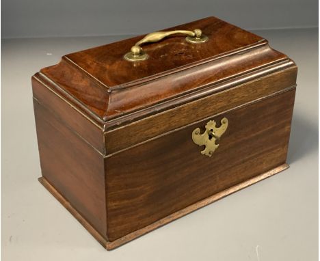 A George II mahogany tea caddy, circa 1750, the hinged cover enclosing a vacant interior, 18cm high overall, 23.5cm wide, 14c