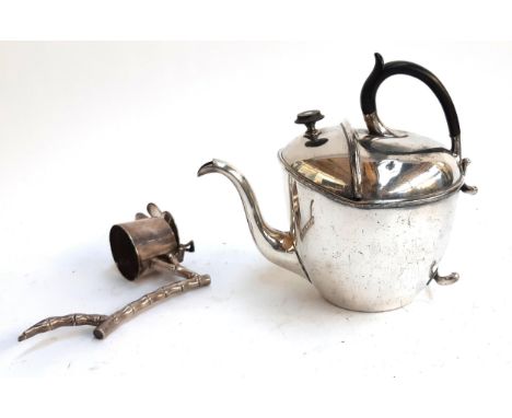 A plated James Dixon, Sheffield 'syp' teapot with ebonised handle, together with an unusual plated item 