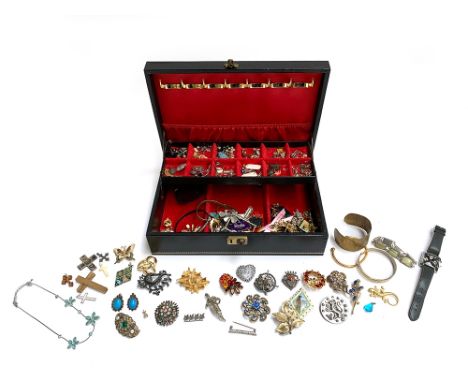 A jewellery box containing a quantity of costume jewellery and enamel badges; to include Miracle, Exquisite, a single 9ct gol