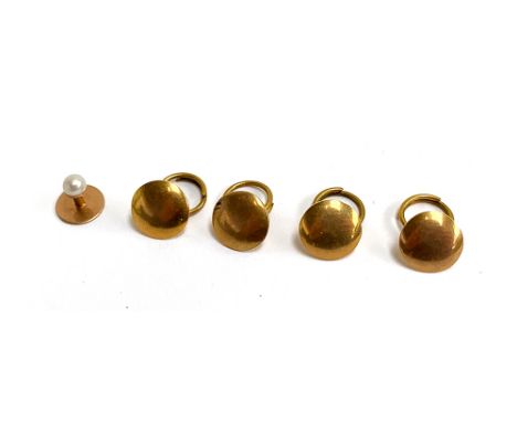 Four 9ct gold cufflinks, gross weight approx. 5.8g; together with a single yellow metal and pearl dress stud 