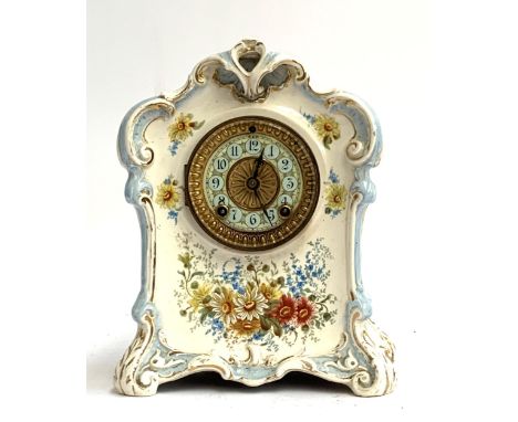 A Royal Bonn ceramic mantel clock with floral decoration, with Ansonia movement, 26.5cmH 