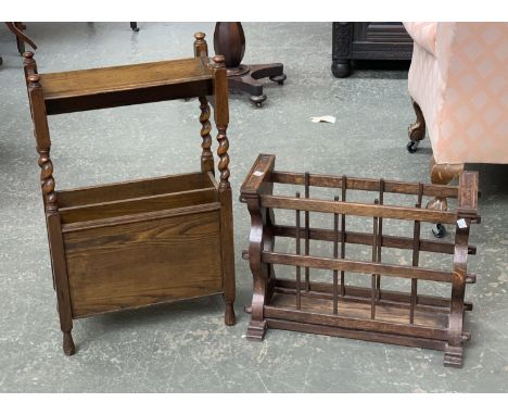 A 20th century oak book trough; together with an oak magazine rack and a metal clad magazine rack 
