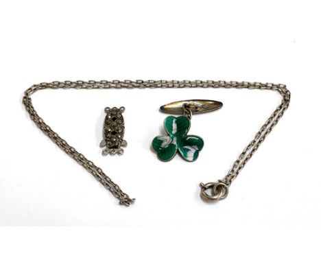 A silver chain with bolt clasp, 45cmL; together with a sterling silver and enamel shamrock cufflink; and a sterling silver an
