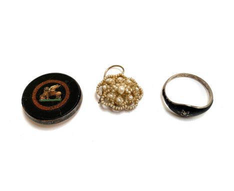 A single Georgian seed pearl earring with gold hook, 2.3cmW; together with a 19th century micro mosaic depicting The Lion of 