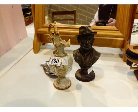 Bronzed bust of Puccini ceramic jug and a Keswick pewter dish and spoon 