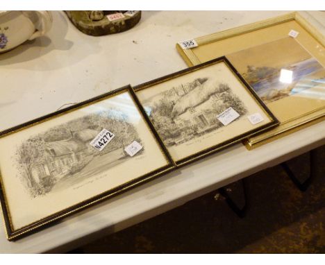 Pair of pencil drawings by Judges, Thomas Hardys Birthplace and Hangmans cottage and a framed and glazed watercolour of a sea