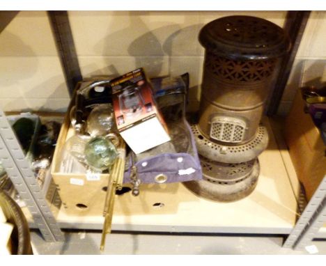 Box of mixed items and a vintage heater 