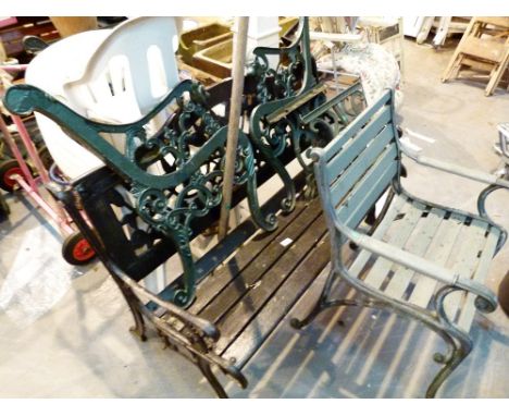 Garden bench with wooden slats and cast iron ends and a pair of cast bench ends, table supports and a matching garden arm cha