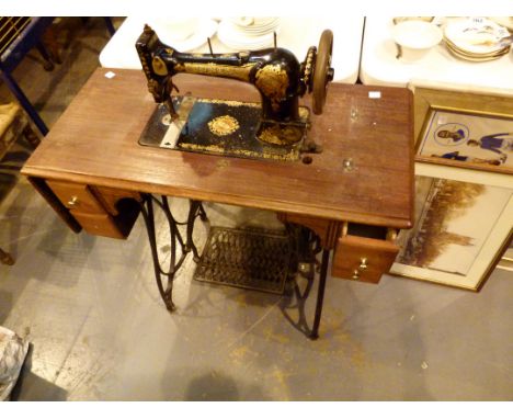 VIntage Jones treadle sewing machine with wood and cast metal stand and case 