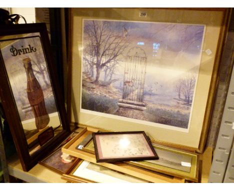 Shelf of mixed modern prints and a coke advertising mirror 