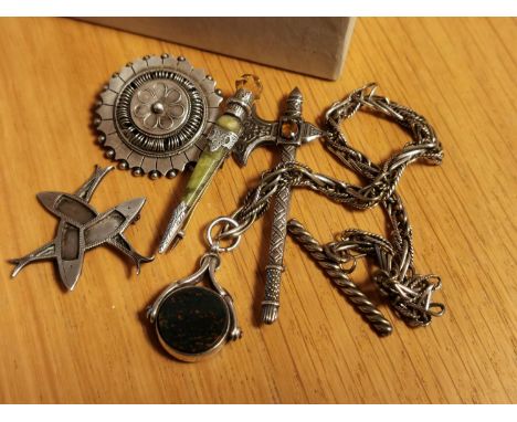 Collection of Celtic Silver Jewellery inc Dirk Pin, Scottish Axe Brooch &amp; an Opal Pendant Chain