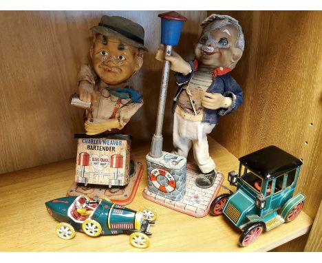 Group of Vintage Tim-Plate Toys inc a Pair of Rosko Figures Charley Weaver