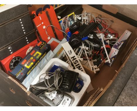 Box of Scalextric Motor Racing Equipment Toys inc Subaru Cars