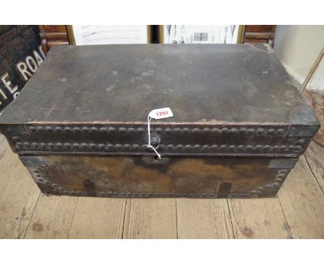 A 19th century brass bound and studded leather trunk, with camphor wood lining, 60.5cm wide.&nbsp; 
