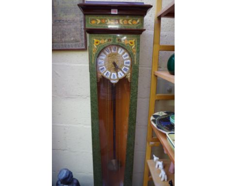 A reproduction green stained and marquetry longcase clock,&nbsp;the dial inscribed 'Versailles', 181cm high, with weights and