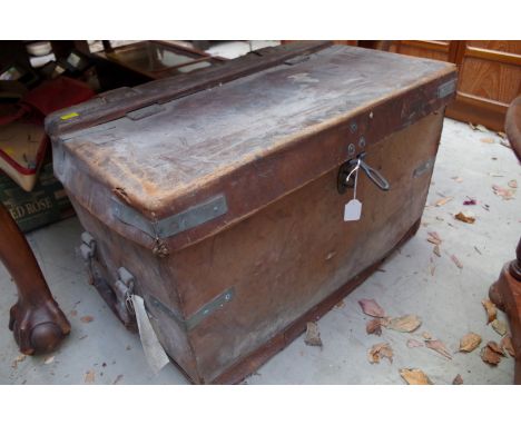 An antique tan leather trunk, inscribed 'Sgts Mess', 71cm wide.&nbsp; 