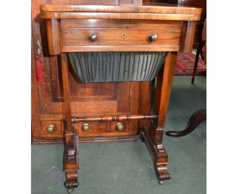 Regency rosewood games / work table, fold over top revealing leather chessboard over a single fitted drawer, over thread bask