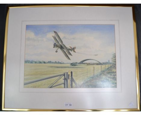 Kenneth Aitkin, "Warwick Rig" WWll airfield with Bi-planes, watercolour painting, framed, 30cm x 42cm