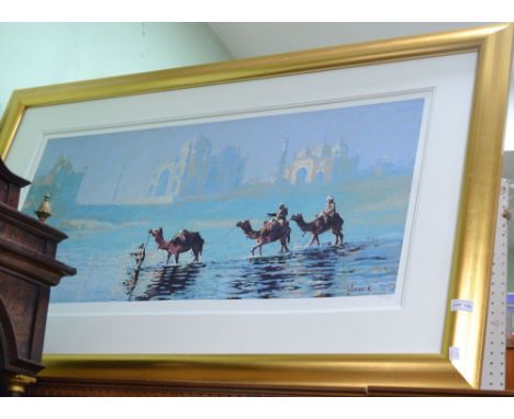 A Rolf Harris pencil signed print of Camels wading, 325/695, framed