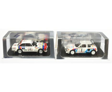 Pair of Spark Model Rally Cars - (1) Peugeot 205 T16 Evolution Monte Carlo Rally 1986, with racing number 8; (2) Peugeot 504W