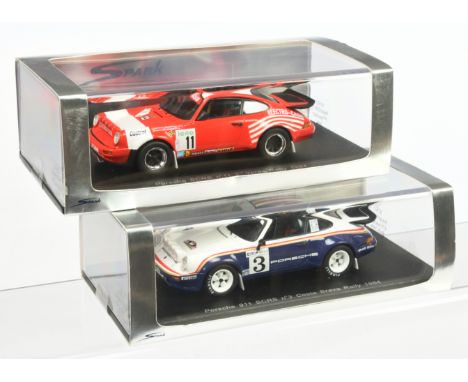 Pair of Porsche 911Scrs Costa Brava Rally &amp; Scrs Ypres Rally 1984 Spark Models - (1) with racing number 3; (2) with racin