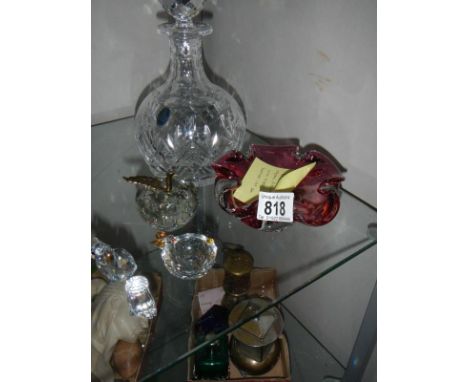 A Royal Doulton Crystal decanter with stopper, Swarovski cat etc