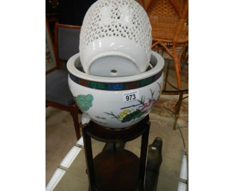 A Chinese jardiniere and old Chinese lamp base