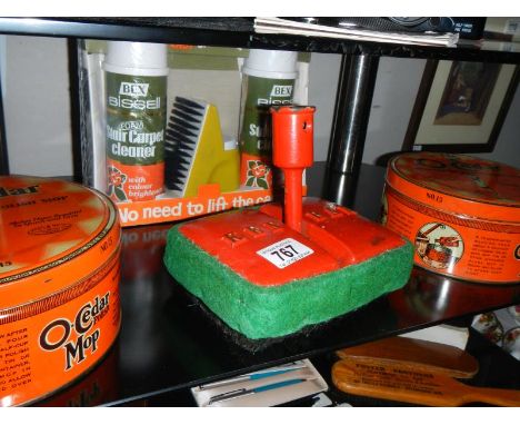 2 vintage O-Cedar slip-on-polishing mops in original tins, a Kenban heavy hard floor scrubber and an unopened Bissell stair c