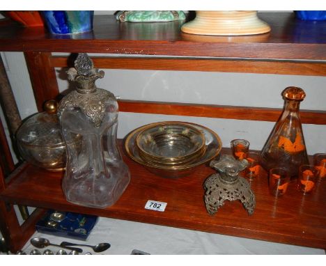 A Mary Gregory style decanter and glasses, An ornate white metal topped decanter a/f, etc.