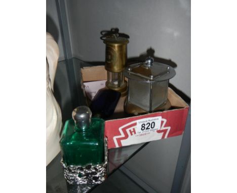 A vintage PIFCO oriental night light, brass miners lamp, silver plated mounted green glass scent bottle