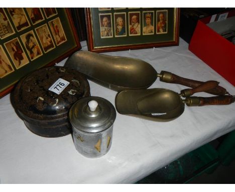 A vintage spice tin, tea caddy and a trio of brass/wooden scoops
