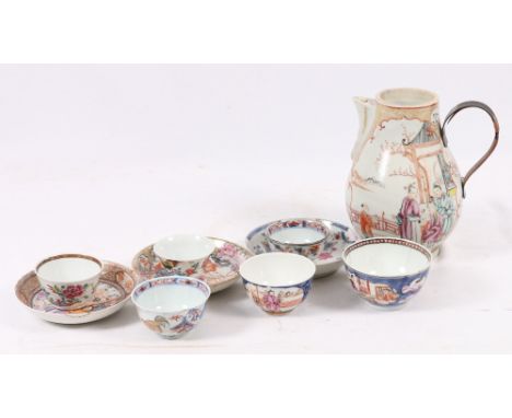 Group of mainly 18th century Chinese famille rose porcelain incluidng a large sparrow beak jug, two Canton saucers and a Chin