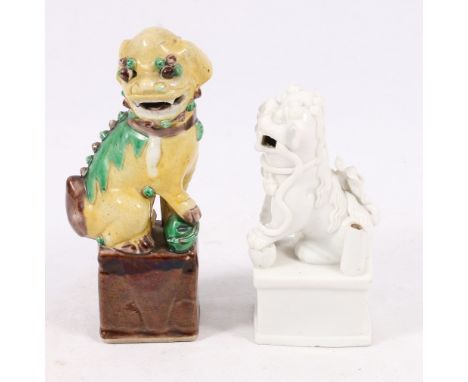 Chinese late 19th century dog of of fo enamelled in yellow green and brown, 17cm and another blanc de chine with joss stick 1