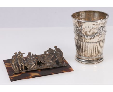 George III silver beaker, with swags and gadrooning, London 1812, 9cm and a tortoiseshell and silver desk clip, London 1892, 
