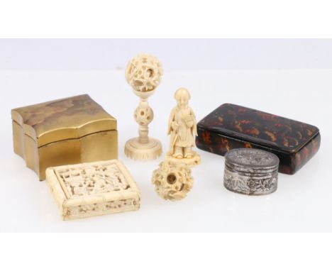 Chinese carved ivory box of square section with sliding lid, silver box, lacquer box, snuff box, etc.   CONDITION REPORT:  GO