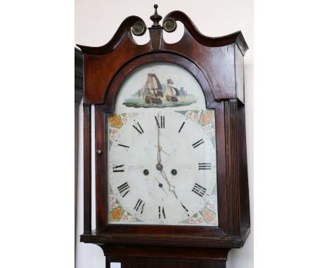 19th century mahogany longcase clock, maker McMaster of Greenock, the arched enamel dial with man-o-war and anchor spandrels,