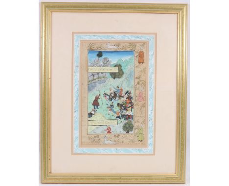 Finely painted Persian manuscript page with detailed illustrations of soldiers on foot and on horseback in a landscape, with 