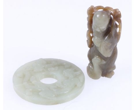 Chinese jade carving of Shou Lao with a duck, 7cm and a carved jade bi.   CONDITION REPORT:  SHOU LAO:- good condition but cr