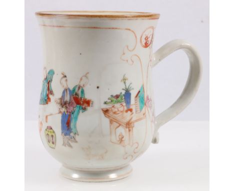 Chinese 18th century famille rose mug decorated with figures in interior scenes, scroll handle, 15.5cm. CONDITION REPORT: Bod