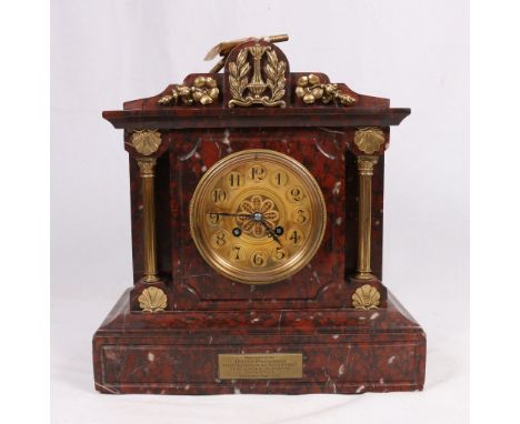 French Rouge marble mantle clock of architectural design, with gilt Arabic dial, Marti cylinder movement striking on a coiled