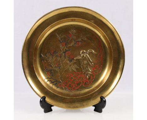 Japanese gilded bronze dish with incised peach tree and relief figure of a sage, signed to base, 24cm. CONDITION REPORT: Perh
