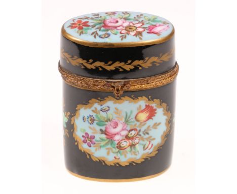 French gilt metal enamel oval box, with floral spray reserves on a black ground, gilt leaf mark to base, 9.5cm.